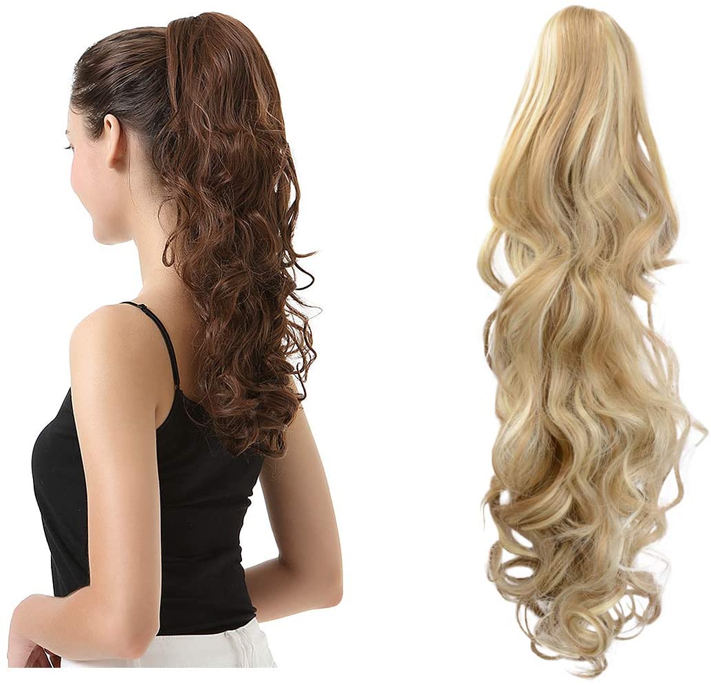 BARSDAR Clip In On Hair Extensions Claw Ponytail Extensions Hair Piece Curly for Women Synthetic Heat-Resisting 19 Inch (16H613# Golden Blonde & Bleach Blonde) BARSDAR Clip In On Hair Extensions Claw Ponytail Extensions Hair Piece Curly for Women Synthetic Heat-Resisting 19 Inch (16H613# Golden Blonde & Bleach Blonde)
