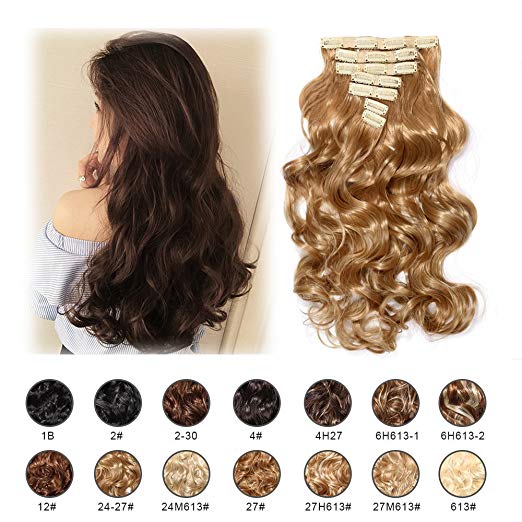 BARSDAR 17" Long Curly 7Pcs 16Clips Full Head Clip in Synthetic Hair Extensions Hairpieces for Women 150g (24/27# Light Blonde mix Strawberry Blonde Evenly)