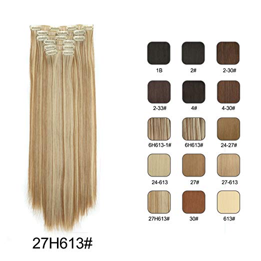 BARSDAR 6Pcs 16Clips 23" Thick Straight Full Head Clip in on Double Weft Synthetic Hair Extensions Hairpieces for Women 135g/4.76oz (27H613#Strawberry Blonde mix Bleach Blonde Unevenly)