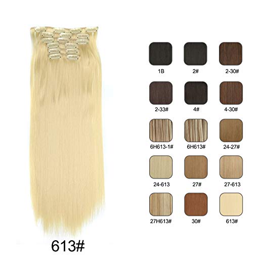 BARSDAR 6Pcs 16Clips 23" Thick Straight Full Head Clip in on Double Weft Synthetic Hair Extensions Hairpieces for Women 135g/4.76oz (613# Bleach Blonde)