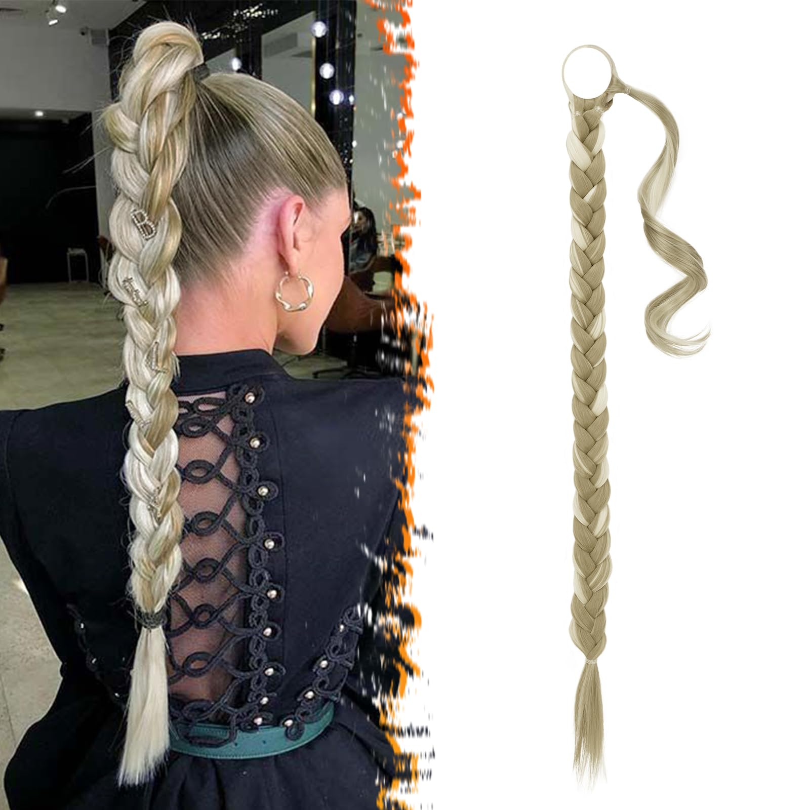 26 Inch Long Braided Ponytail Extension for Women - Sleek Wrap Around Blonde Braid Ponytail Hair Extensions with Hair Tie - Straight Synthetic Pony Tails Hairpieces - Light Ash Blonde Mixed 26 Inch Long Braided Ponytail Extension for Women - Sleek Wrap Around Blonde Braid Ponytail Hair Extensions with Hair Tie - Straight Synthetic Pony Tails Hairpieces - Light Ash Blonde Mixed