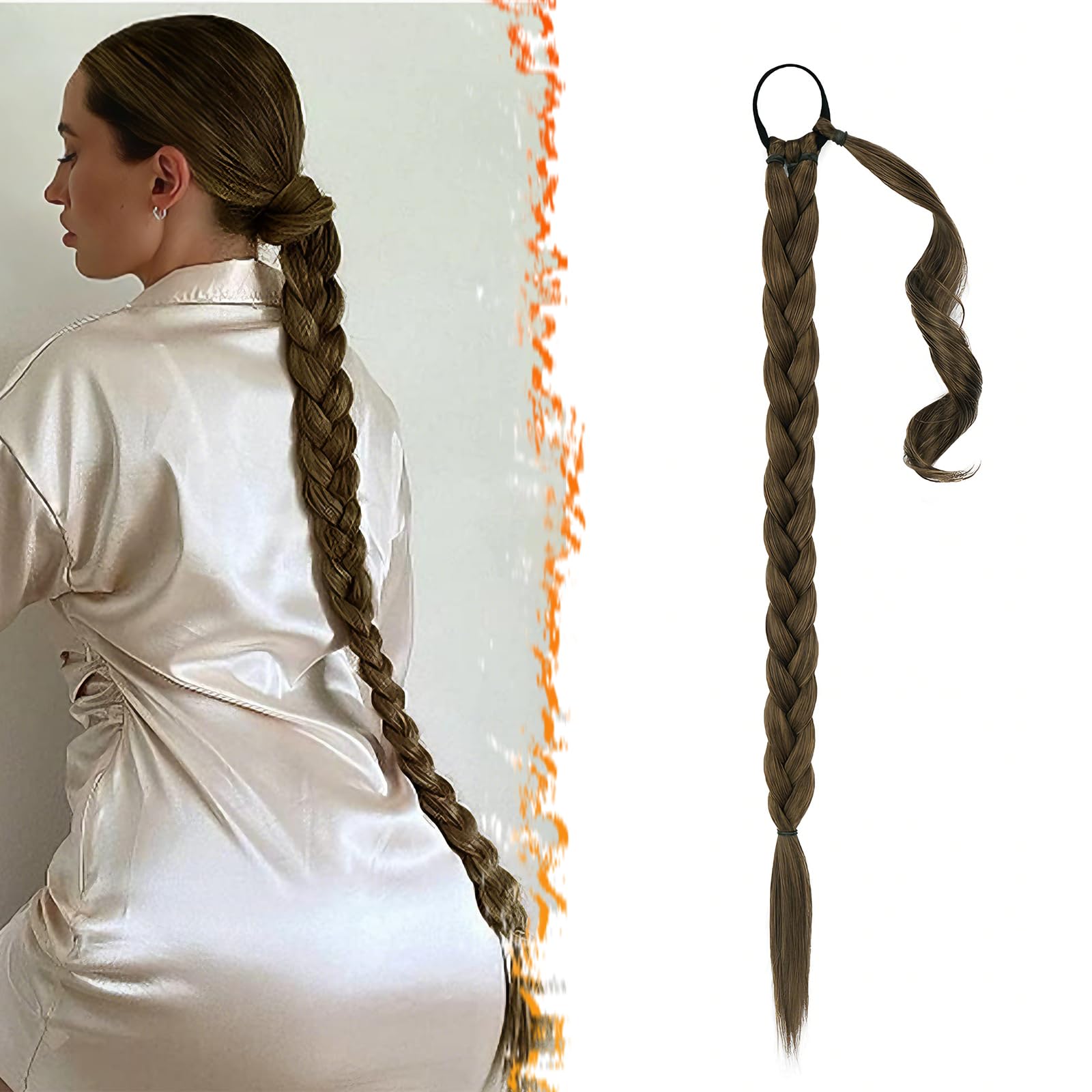 26 Inch Long Braided Ponytail Extension with Hair Tie - Straight Sleek Wrap Around Brown Braided Ponytail Hair Extensions- Synthetic Pony Tails Hairpieces for Women - Chestnut Brown Mixed